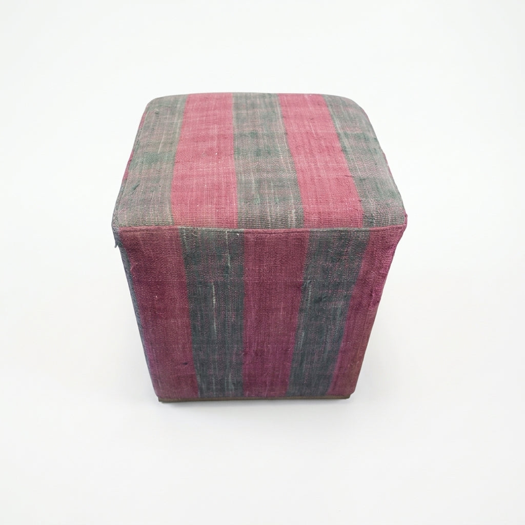 Vintage Turkish Kilim Ottoman – Pink Striped Cube Pouf, 43x43x47 cm