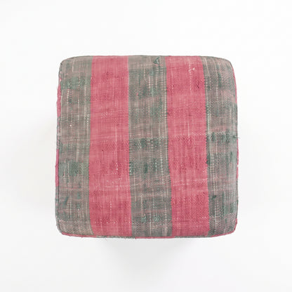 Vintage Turkish Kilim Ottoman – Pink Striped Cube Pouf, 43x43x47 cm