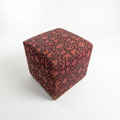 Vintage Turkish Kilim Ottoman – Burgundy Geometric Cube Pouf, 43x43x44 cm