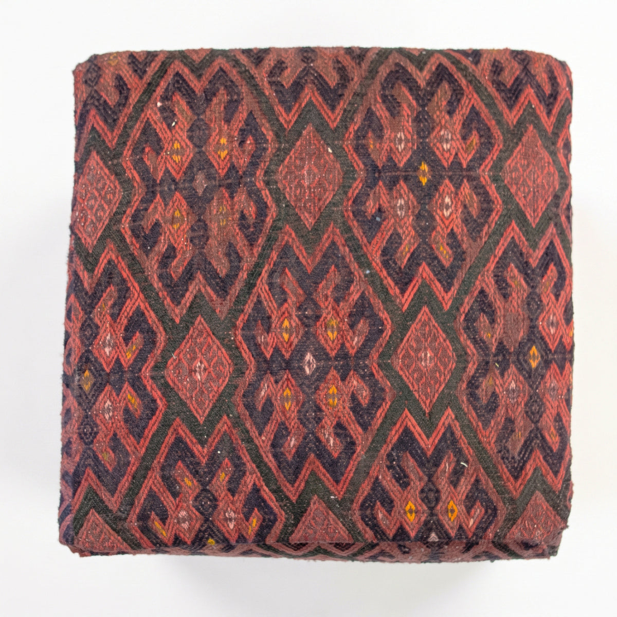 Vintage Turkish Kilim Ottoman – Burgundy Geometric Cube Pouf, 43x43x44 cm