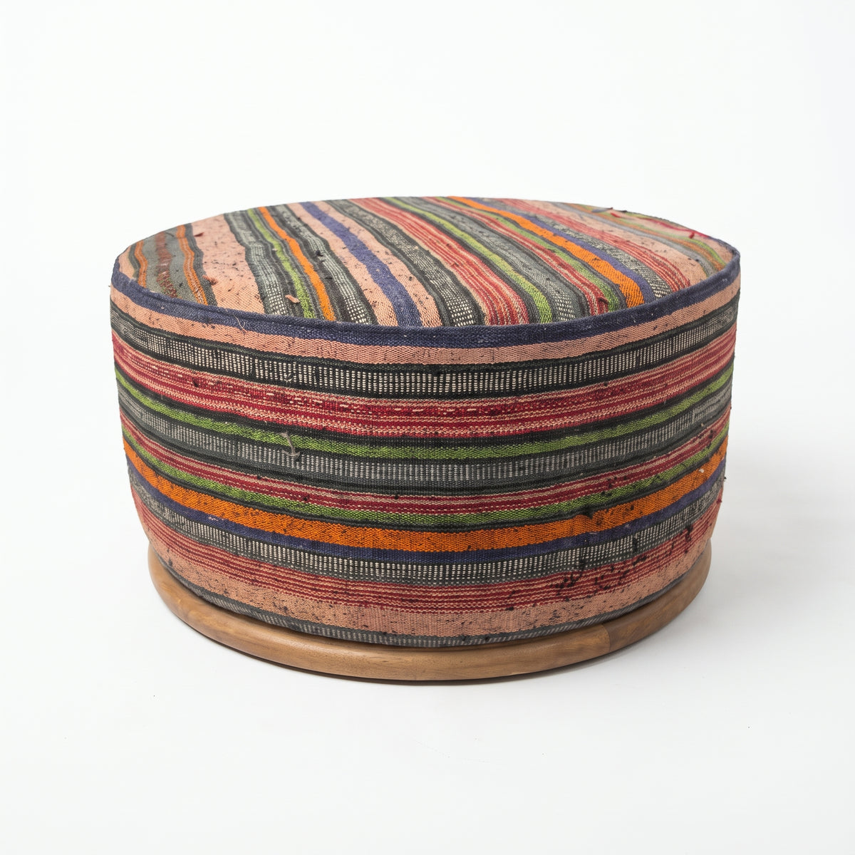 Vintage Turkish Kilim Ottoman – Large Round Striped Pouf, 73x73x39 cm