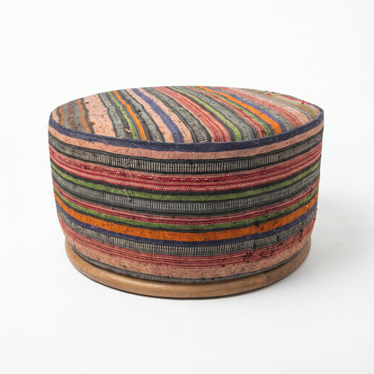 Vintage Turkish Kilim Ottoman – Large Round Striped Pouf, 73x73x39 cm