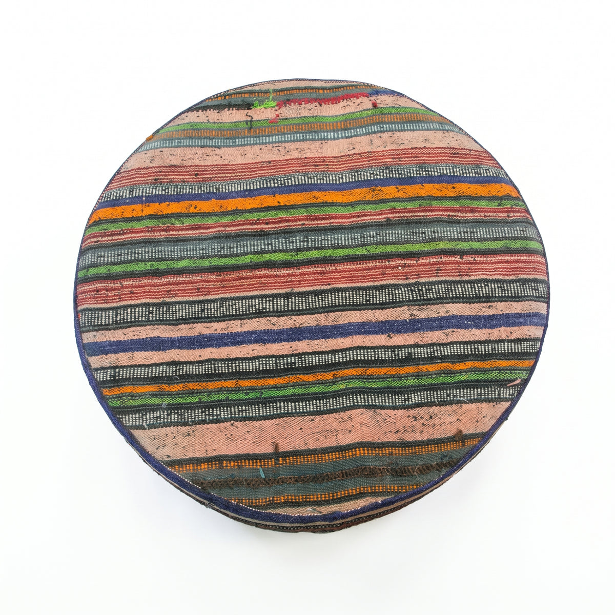 Vintage Turkish Kilim Ottoman – Large Round Striped Pouf, 73x73x39 cm