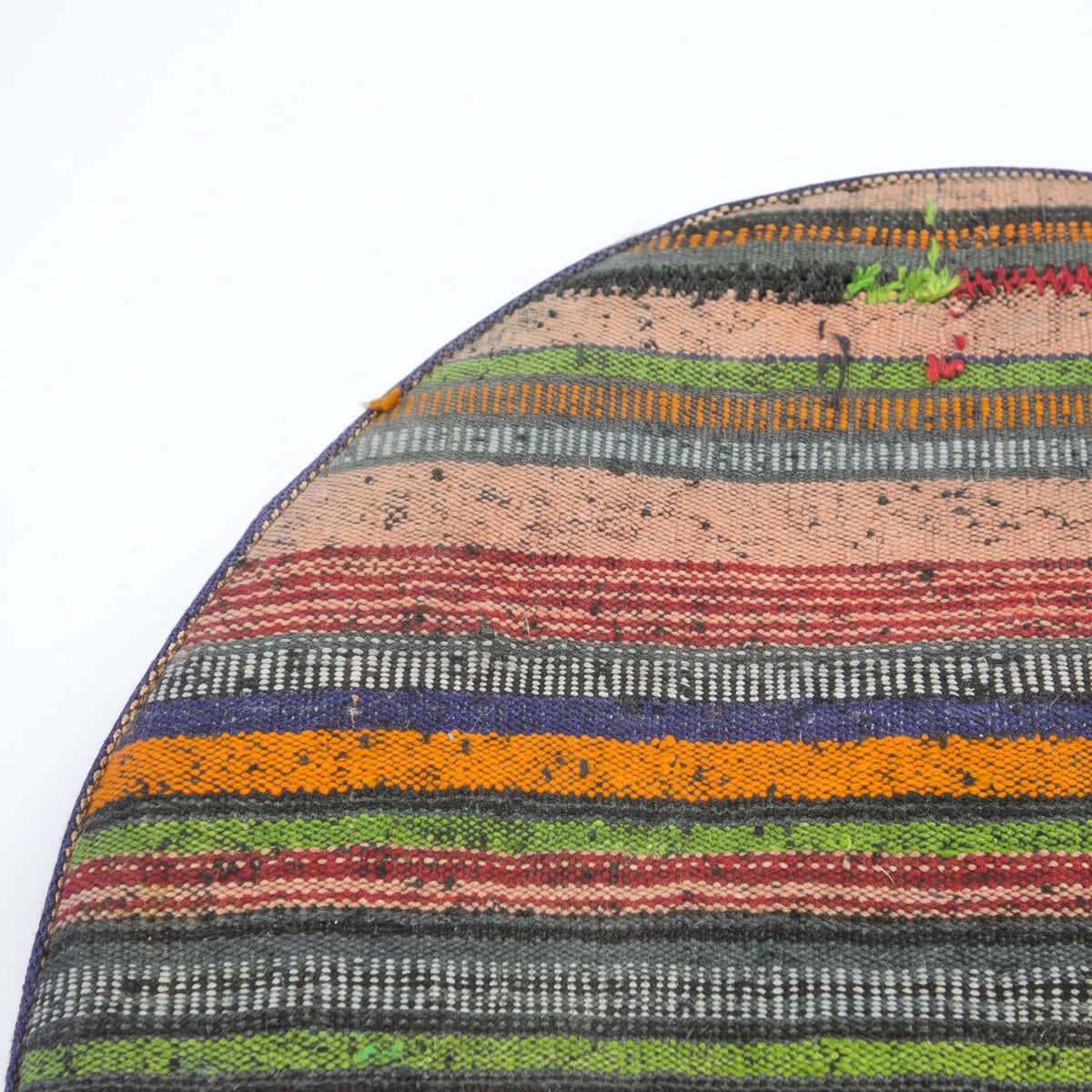 Vintage Turkish Kilim Ottoman – Large Round Striped Pouf, 73x73x39 cm