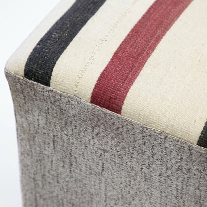 Vintage Turkish Kilim Ottoman – Striped Upholstered Cube Pouf, 40x44x47 cm