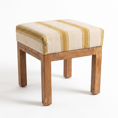 Vintage Turkish Kilim Stool – Mustard Striped Wooden Ottoman, 47x47x47 cm