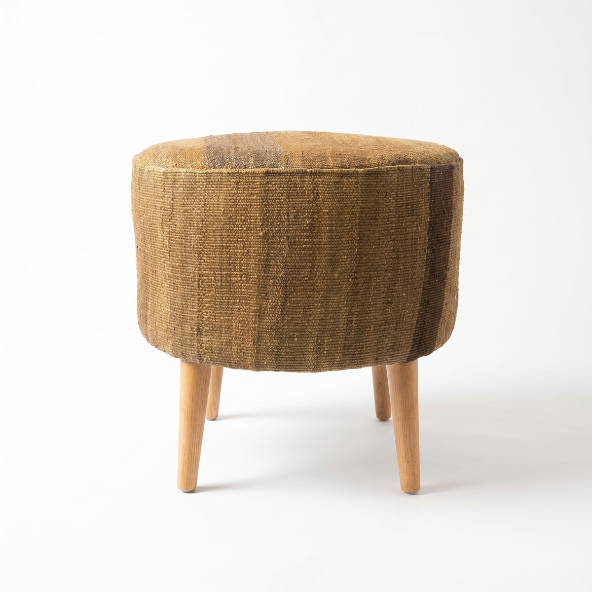 Vintage Turkish Kilim Ottoman – Mustard Brown Round Footstool, 52x52x50 cm