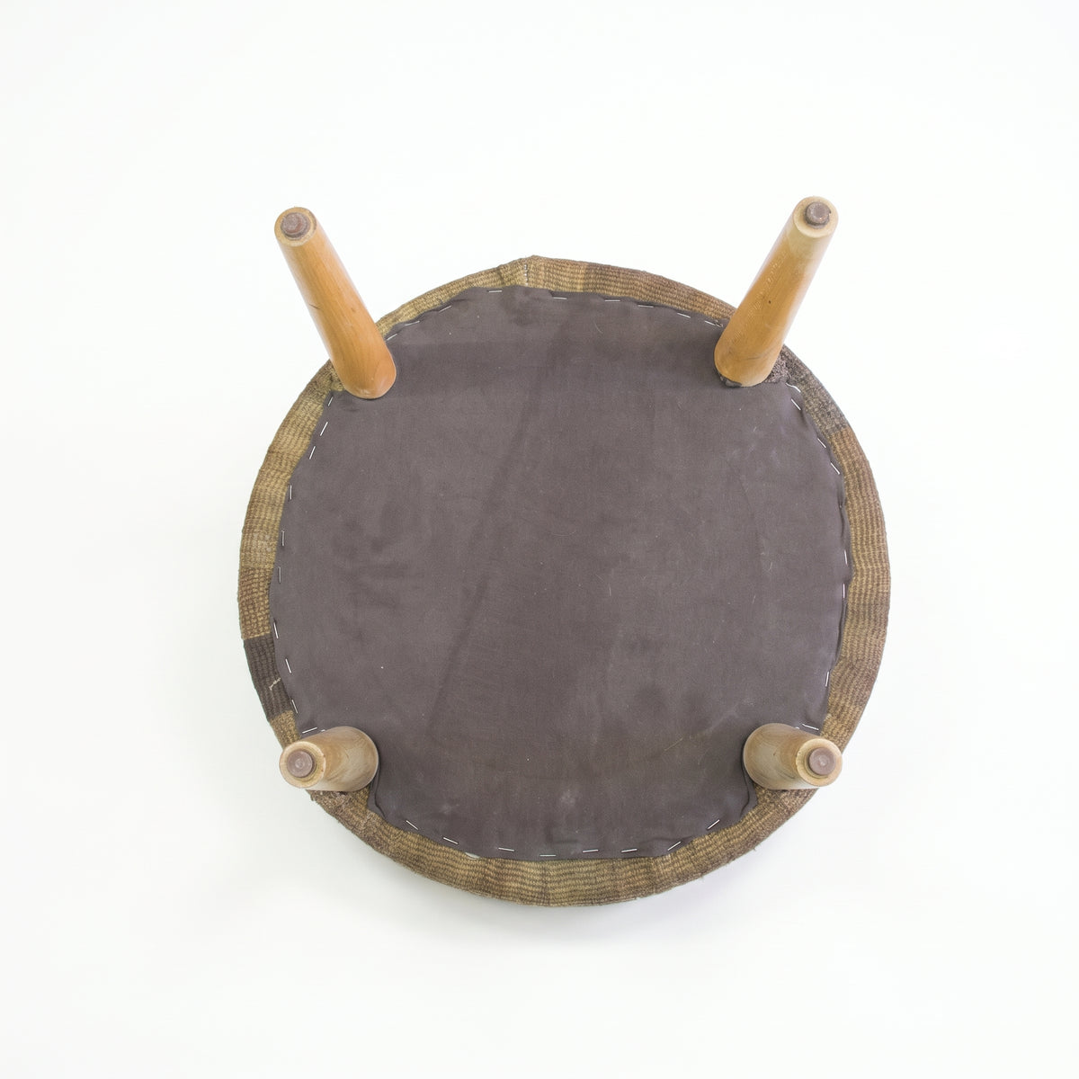 Vintage Turkish Kilim Ottoman – Mustard Brown Round Footstool, 52x52x50 cm
