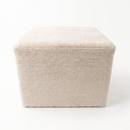 Vintage Turkish Kilim Ottoman – Cream Wool Cube Pouf, 56x56x44 cm