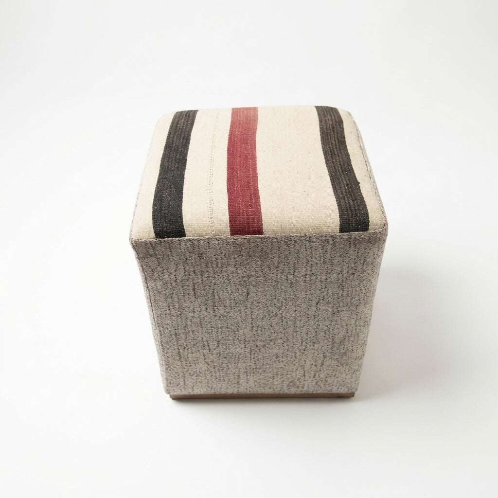 Vintage Turkish Kilim Ottoman – Striped Upholstered Cube Pouf, 40x44x47 cm