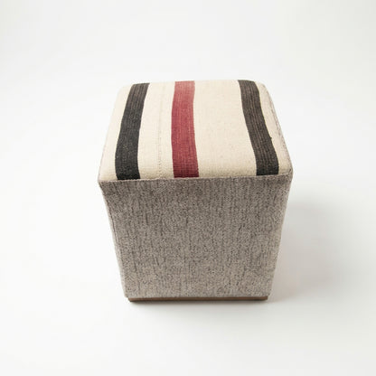 Vintage Turkish Kilim Ottoman – Striped Upholstered Cube Pouf, 40x44x47 cm