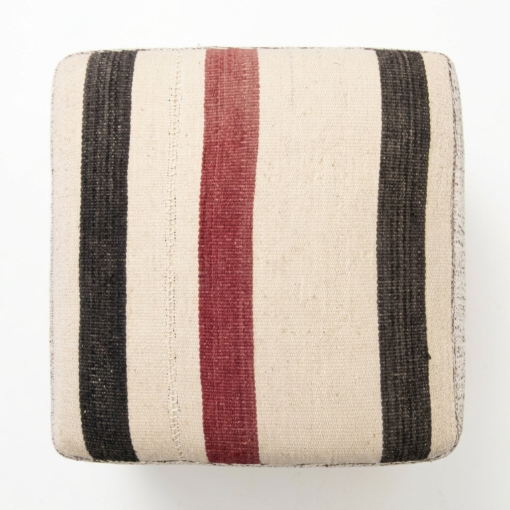 Vintage Turkish Kilim Ottoman – Striped Upholstered Cube Pouf, 40x44x47 cm