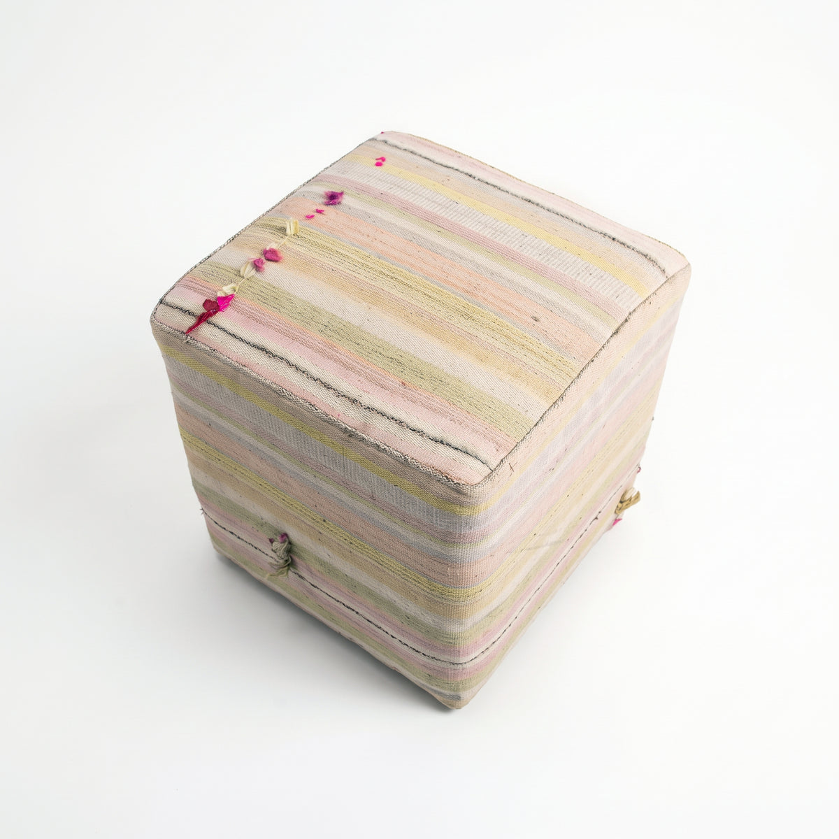Vintage Turkish Kilim Ottoman – Pastel Striped Cube Pouf, 43x43x47 cm
