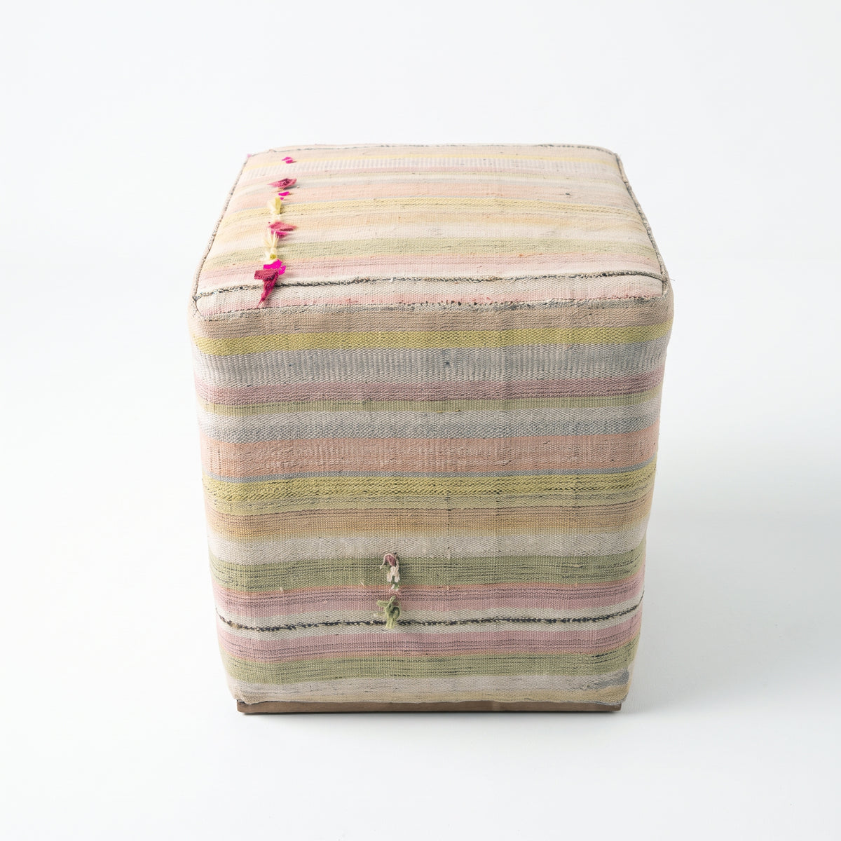 Vintage Turkish Kilim Ottoman – Pastel Striped Cube Pouf, 43x43x47 cm