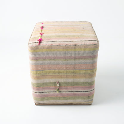 Vintage Turkish Kilim Ottoman – Pastel Striped Cube Pouf, 43x43x47 cm