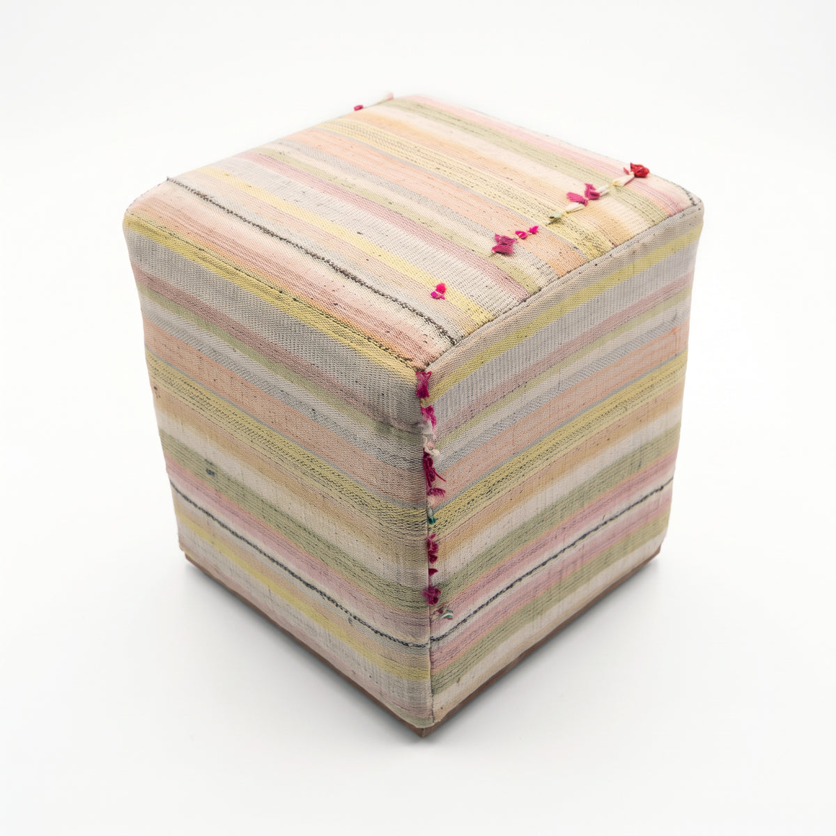 Vintage Turkish Kilim Ottoman – Pastel Striped Cube Pouf, 43x43x47 cm