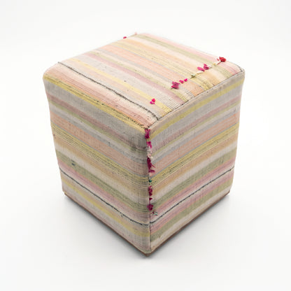 Vintage Turkish Kilim Ottoman – Pastel Striped Cube Pouf, 43x43x47 cm