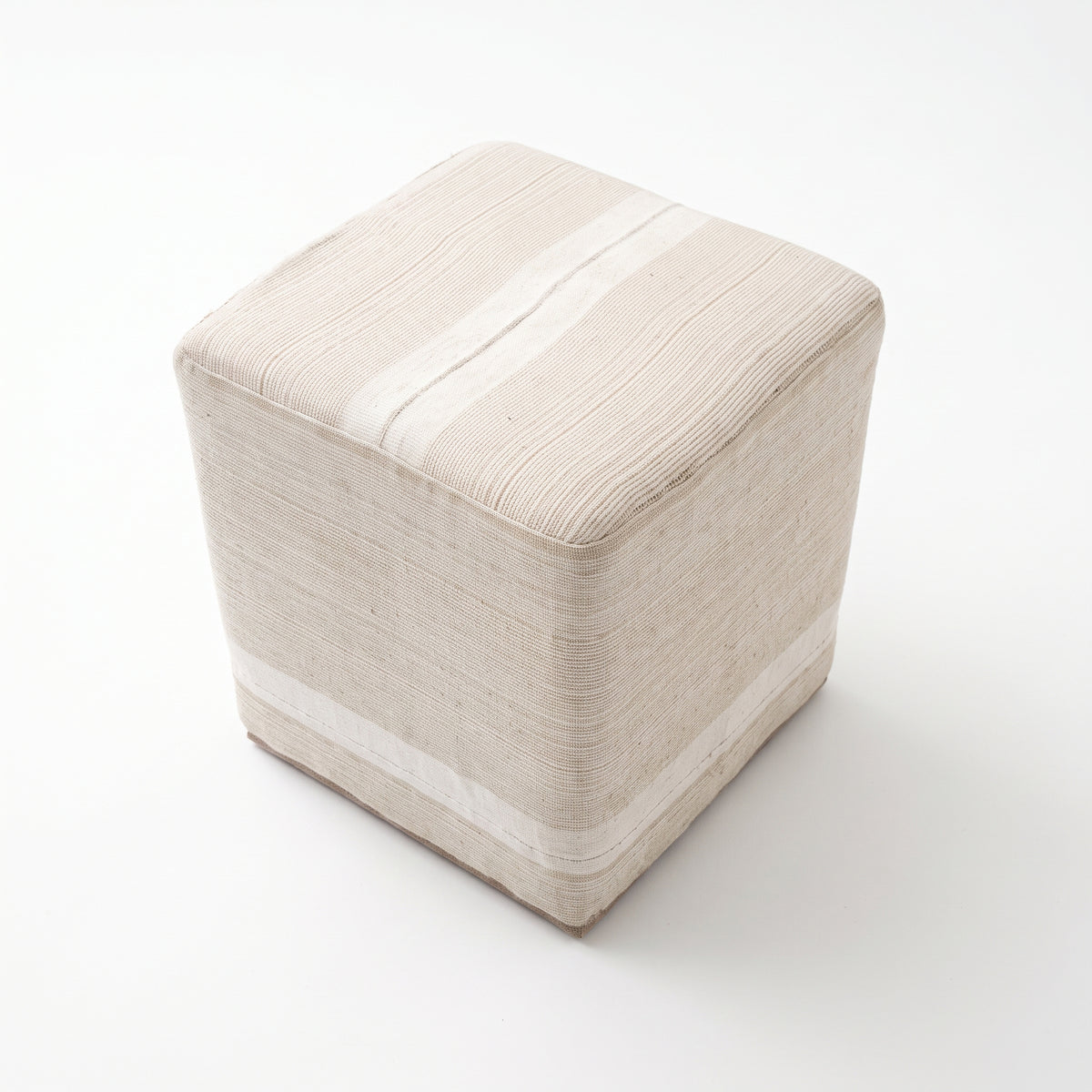 Vintage Turkish Kilim Ottoman – Beige Striped Cube Pouf, 40x40x50 cm
