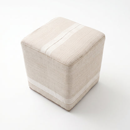 Vintage Turkish Kilim Ottoman – Beige Striped Cube Pouf, 40x40x50 cm