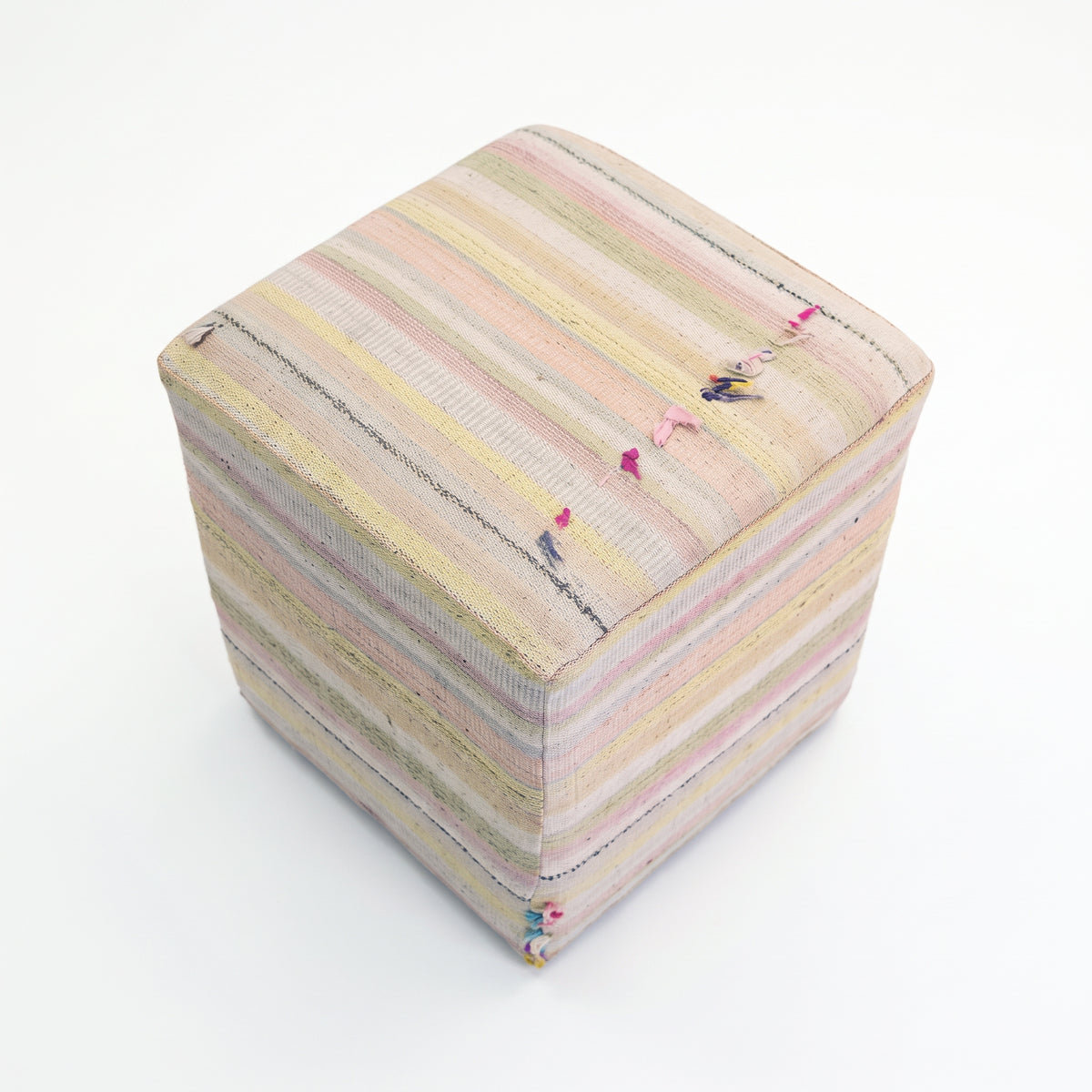Vintage Turkish Kilim Ottoman – Pastel Striped Cube Pouf, 40x40x48 cm