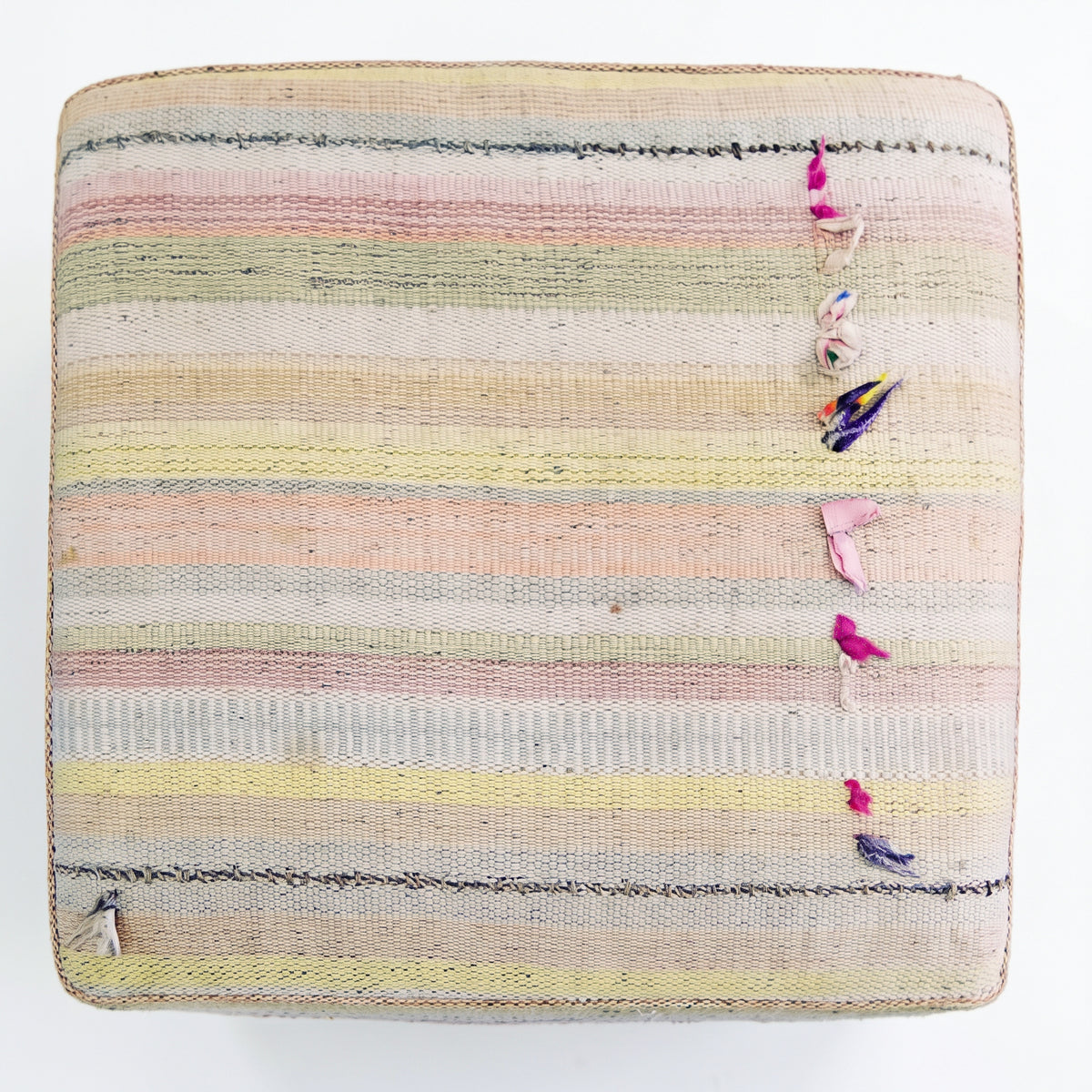 Vintage Turkish Kilim Ottoman – Pastel Striped Cube Pouf, 40x40x48 cm