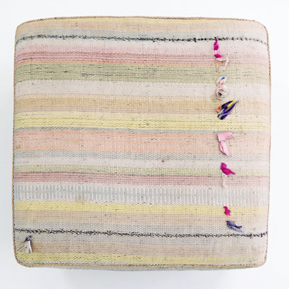 Vintage Turkish Kilim Ottoman – Pastel Striped Cube Pouf, 40x40x48 cm