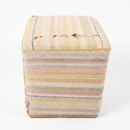 Vintage Turkish Kilim Ottoman – Pastel Striped Cube Pouf, 40x40x48 cm
