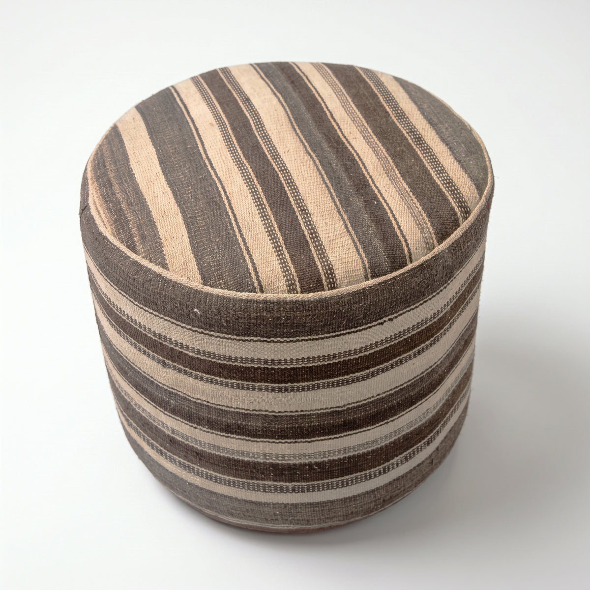 Vintage Turkish Kilim Ottoman – Brown Striped Round Pouf, 49x49x44 cm
