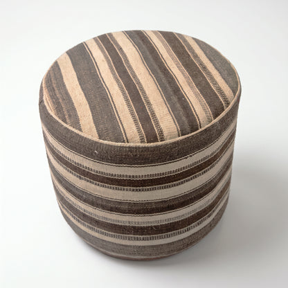 Vintage Turkish Kilim Ottoman – Brown Striped Round Pouf, 49x49x44 cm
