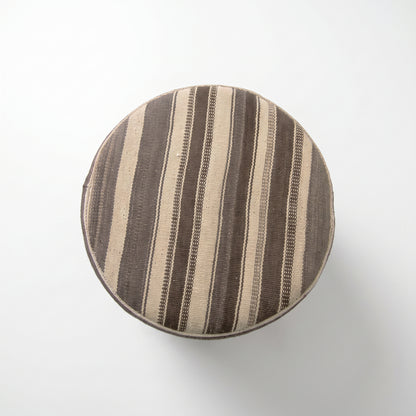 Vintage Turkish Kilim Ottoman – Brown Striped Round Pouf, 49x49x44 cm