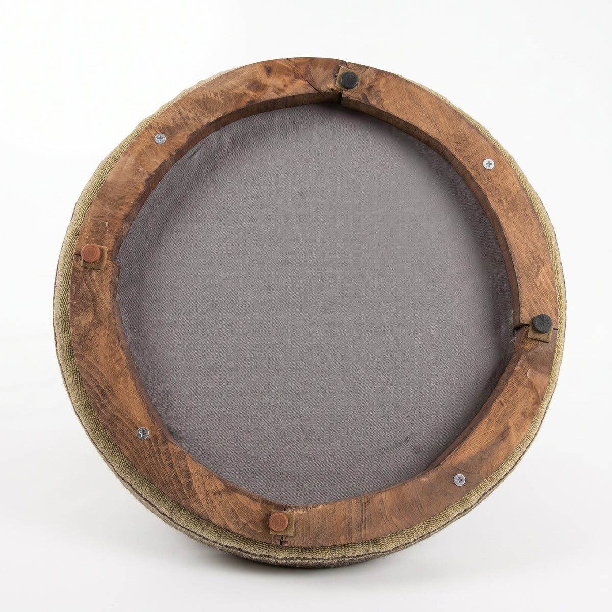 Vintage Turkish Kilim Ottoman – Brown Striped Round Pouf, 49x49x44 cm