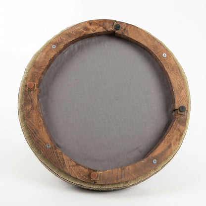 Vintage Turkish Kilim Ottoman – Brown Striped Round Pouf, 49x49x44 cm