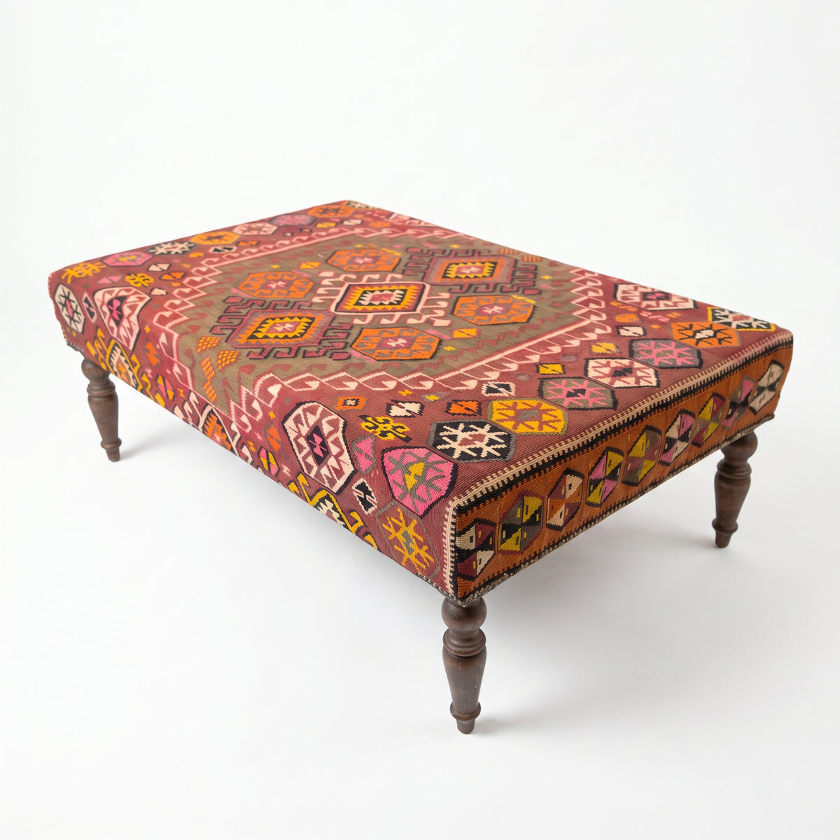 Vintage Turkish Kilim Ottoman – Geometric Upholstered Bench, 123x76x45 cm