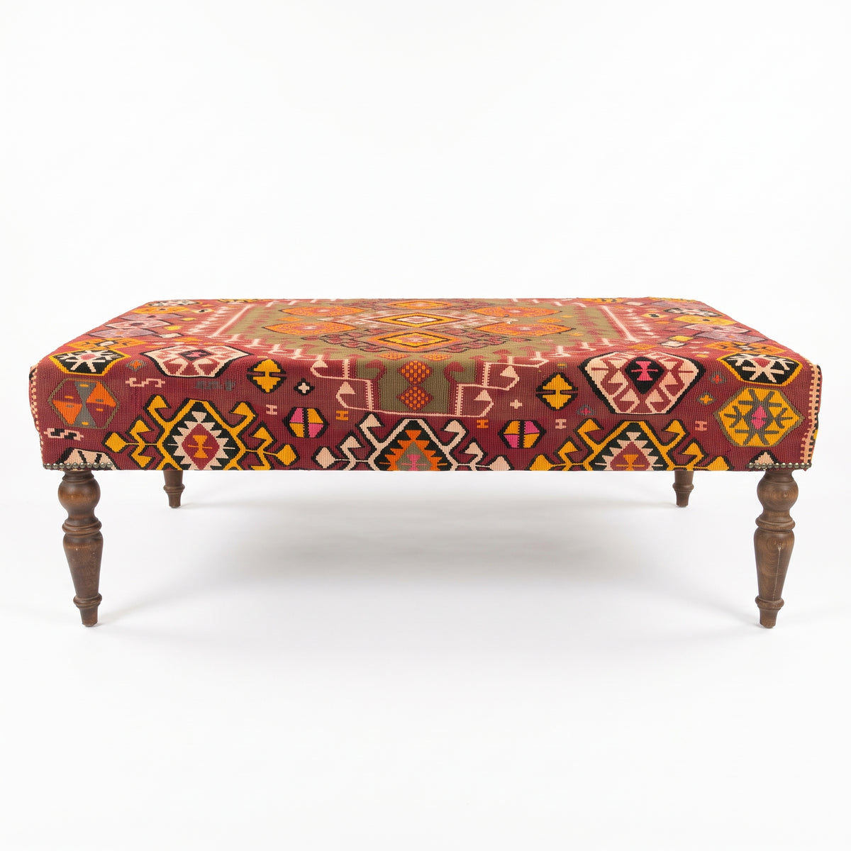 Vintage Turkish Kilim Ottoman – Geometric Upholstered Bench, 123x76x45 cm