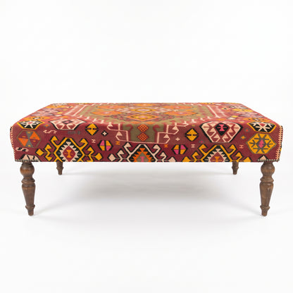 Vintage Turkish Kilim Ottoman – Geometric Upholstered Bench, 123x76x45 cm