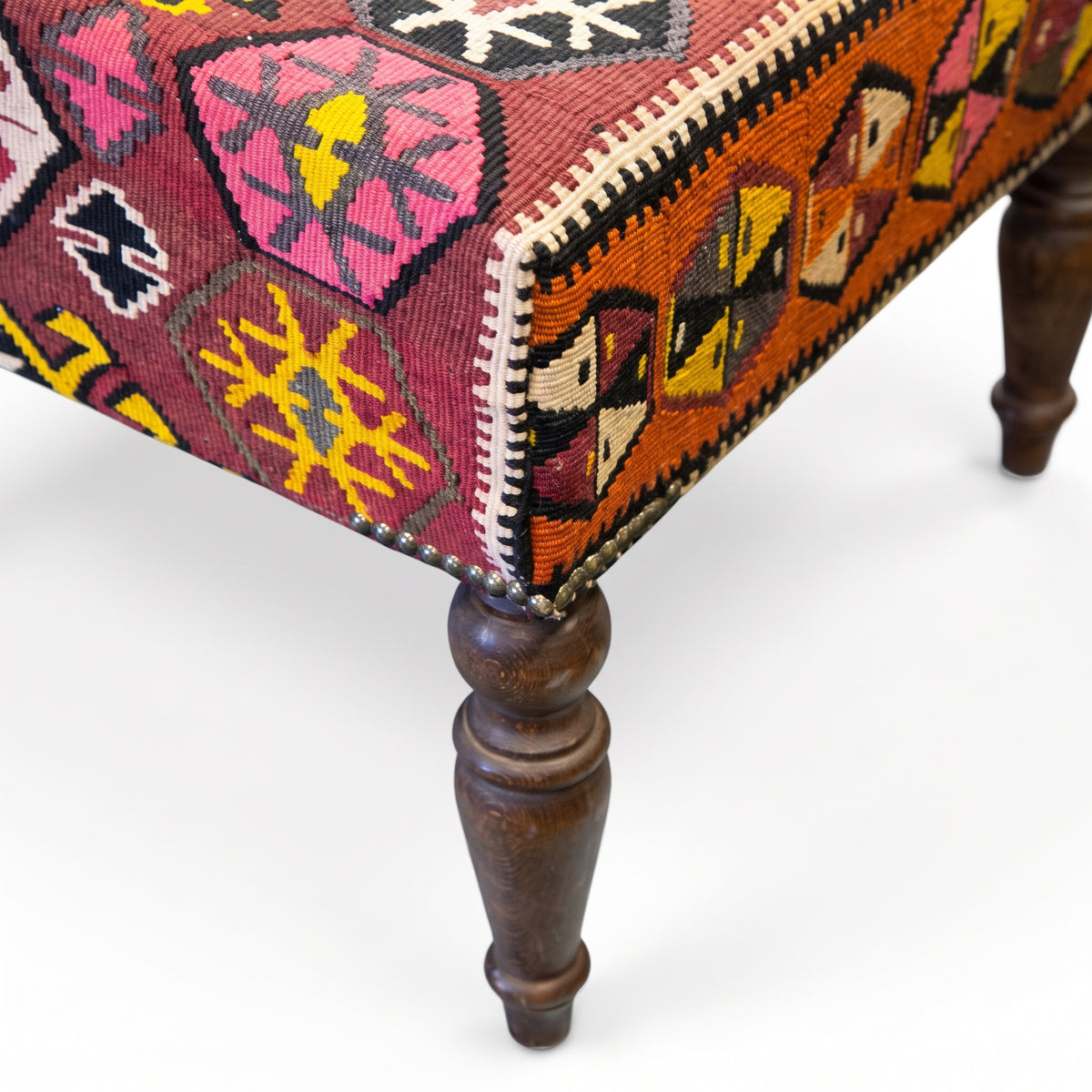 Vintage Turkish Kilim Ottoman – Geometric Upholstered Bench, 123x76x45 cm