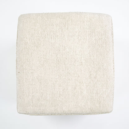 Vintage Turkish Kilim Ottoman – Cream Wool Cube Pouf, 46x46x46 cm