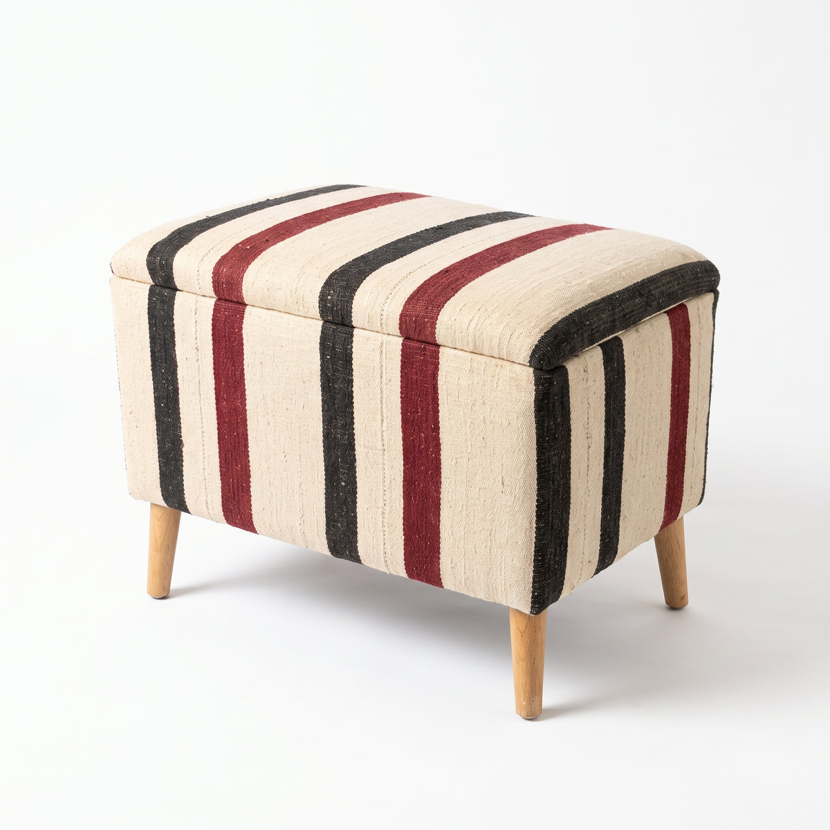 Vintage Turkish Kilim Ottoman – Burgundy Striped Upholstered Bench, 65x45x50 cm