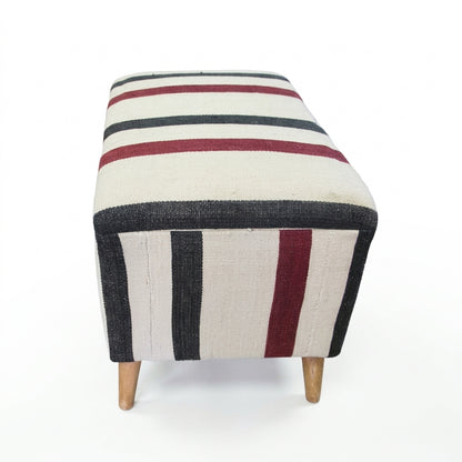 Vintage Turkish Kilim Ottoman – Burgundy Striped Upholstered Bench, 65x45x50 cm