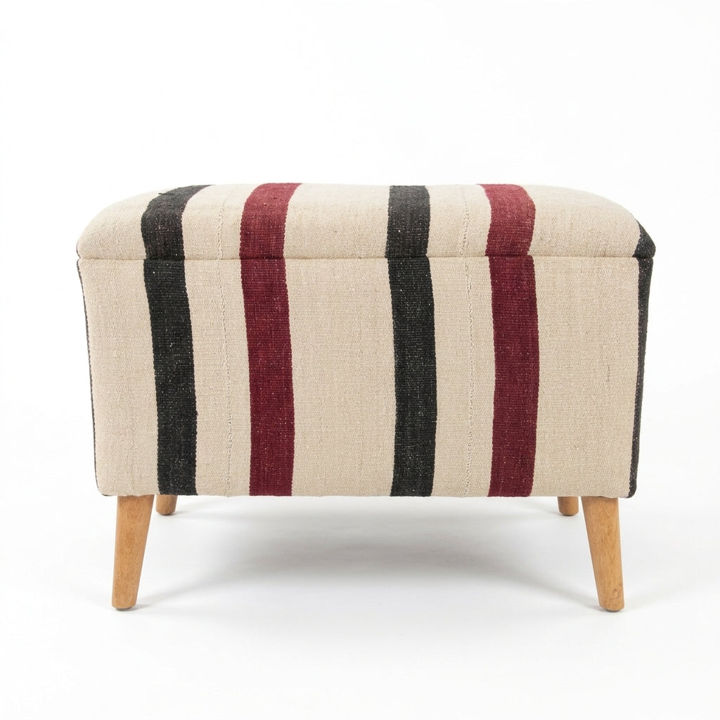 Vintage Turkish Kilim Ottoman – Burgundy Striped Upholstered Bench, 65x45x50 cm