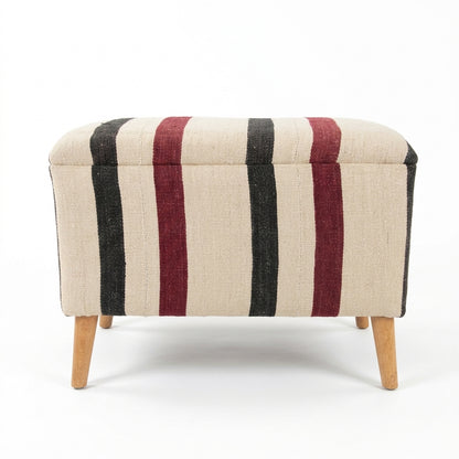 Vintage Turkish Kilim Ottoman – Burgundy Striped Upholstered Bench, 65x45x50 cm