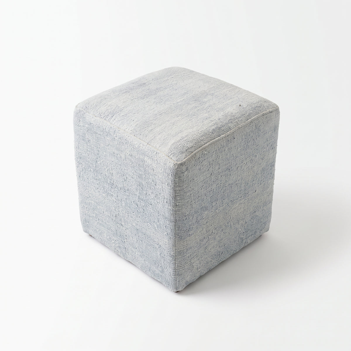 Vintage Turkish Kilim Ottoman – Light Blue Wool Cube Pouf, 43x45x50 cm