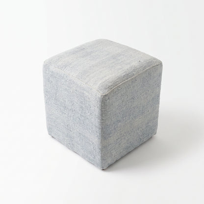 Vintage Turkish Kilim Ottoman – Light Blue Wool Cube Pouf, 43x45x50 cm