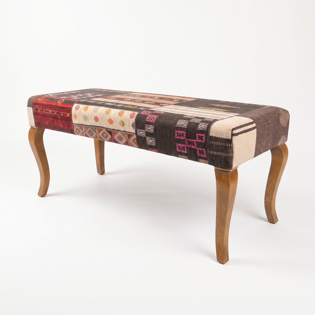 Turkish Style Upholstered Bench – Patchwork Print Ottoman, 117x46x50 cm