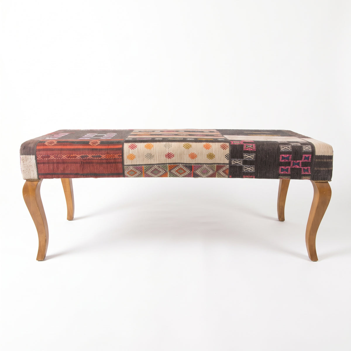 Turkish Style Upholstered Bench – Patchwork Print Ottoman, 117x46x50 cm