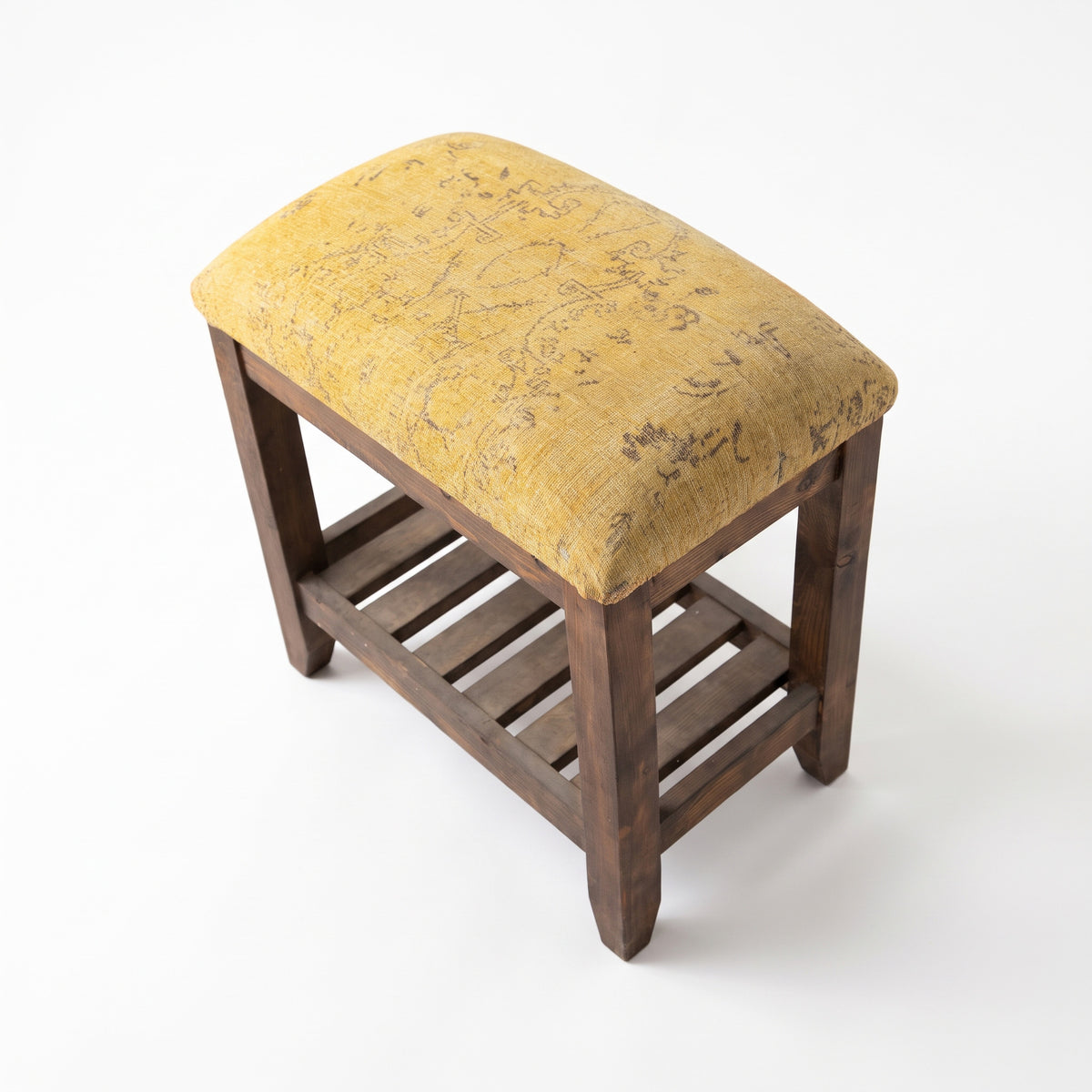 Mustard Yellow Upholstered Bench – Rustic Wooden Stool with Storage Shelf, 53x31x50 cm