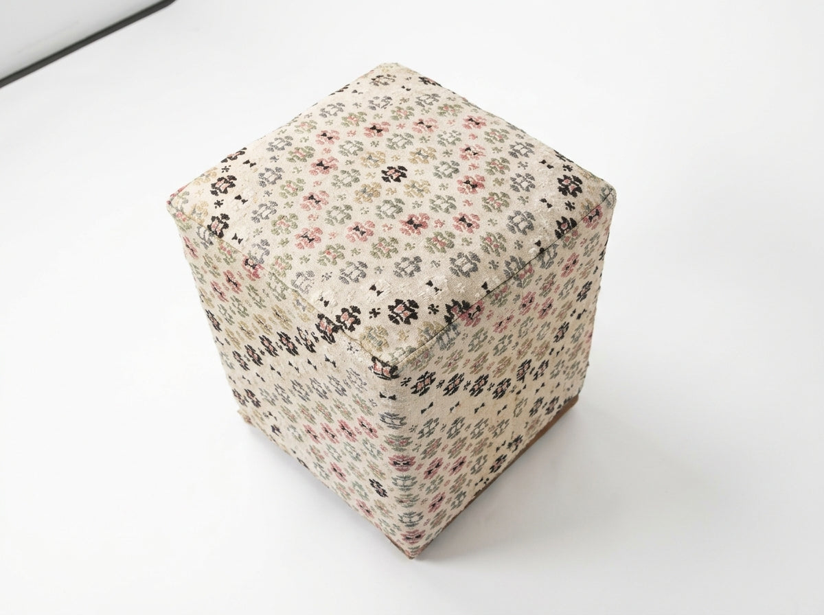 Vintage Turkish Kilim Ottoman – Floral Cube Footstool, 42x42x50 cm
