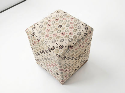 Vintage Turkish Kilim Ottoman – Floral Cube Footstool, 42x42x50 cm