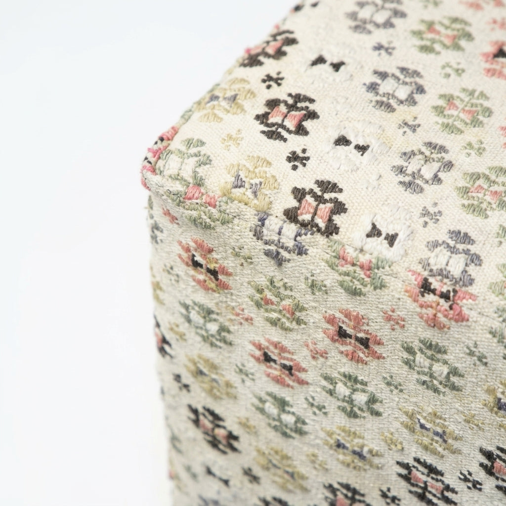 Vintage Turkish Kilim Ottoman – Floral Cube Footstool, 42x42x50 cm
