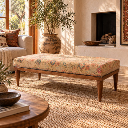 Vintage Turkish Rug Bench – Pastel Upholstered Ottoman, 120x60x40 cm